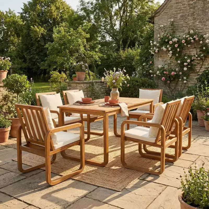 Ensemble de salle à manger d'extérieur Whisen 7 pièces en bois, ensemble de salle à manger pour terrasse, cuisine, jardin, table rectangulaire et 6 chaises avec coussins amovibles