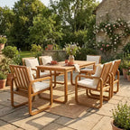 Ensemble de salle à manger d'extérieur Whisen 7 pièces en bois, ensemble de salle à manger pour terrasse, cuisine, jardin, table rectangulaire et 6 chaises avec coussins amovibles