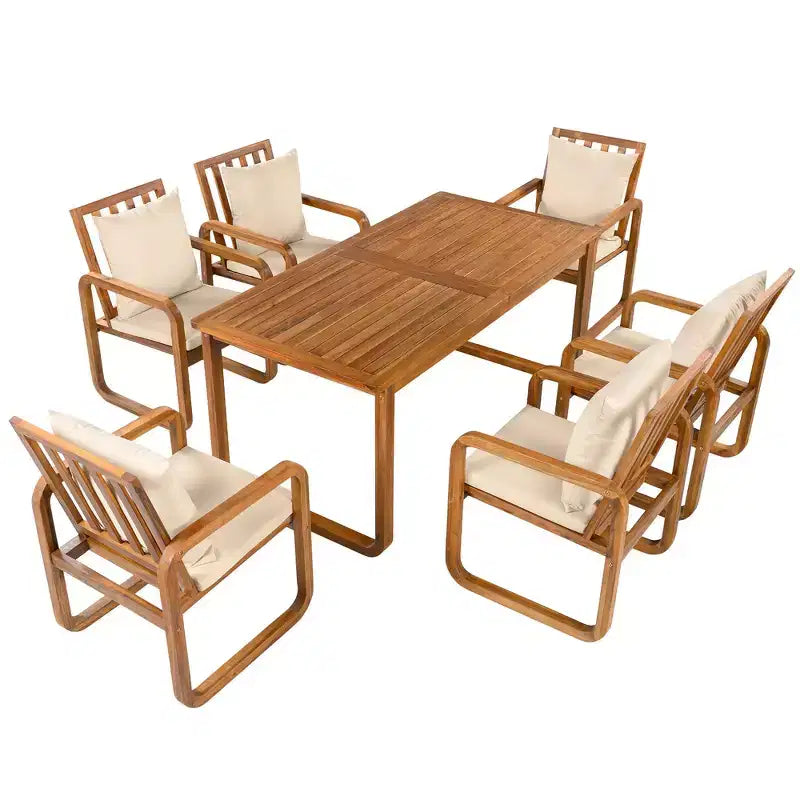 Ensemble de salle à manger d'extérieur Whisen 7 pièces en bois, ensemble de salle à manger pour terrasse, cuisine, jardin, table rectangulaire et 6 chaises avec coussins amovibles