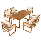 Ensemble de salle à manger d'extérieur Whisen 7 pièces en bois, ensemble de salle à manger pour terrasse, cuisine, jardin, table rectangulaire et 6 chaises avec coussins amovibles