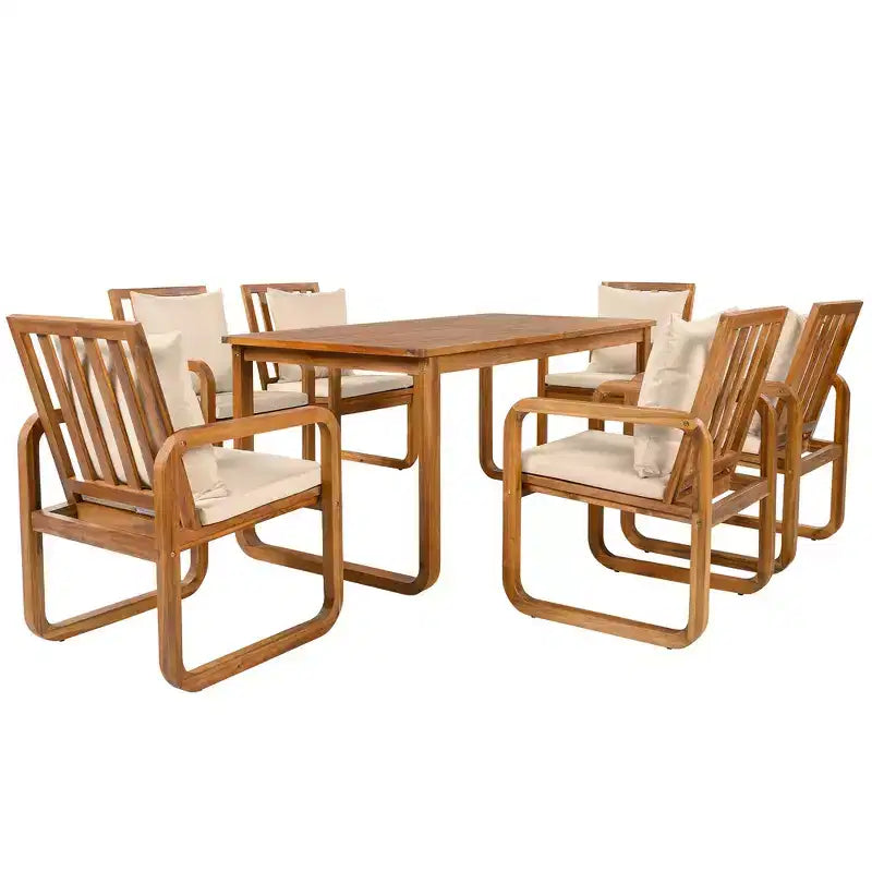 Ensemble de salle à manger d'extérieur Whisen 7 pièces en bois, ensemble de salle à manger pour terrasse, cuisine, jardin, table rectangulaire et 6 chaises avec coussins amovibles