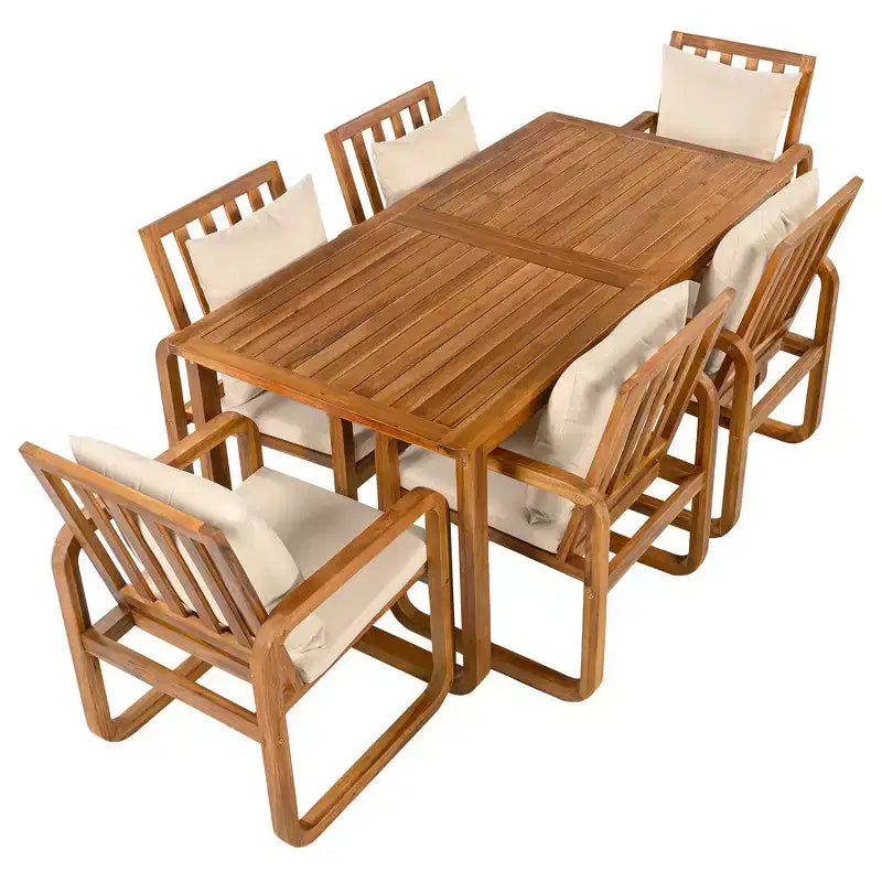 Ensemble de salle à manger d'extérieur Whisen 7 pièces en bois, ensemble de salle à manger pour terrasse, cuisine, jardin, table rectangulaire et 6 chaises avec coussins amovibles