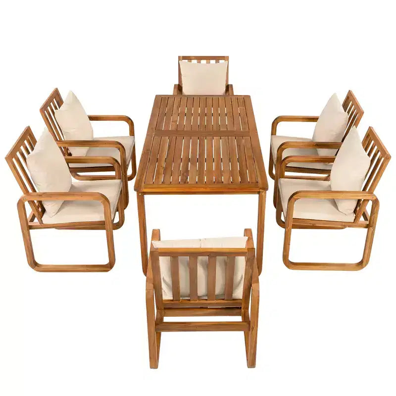Ensemble de salle à manger d'extérieur Whisen 7 pièces en bois, ensemble de salle à manger pour terrasse, cuisine, jardin, table rectangulaire et 6 chaises avec coussins amovibles