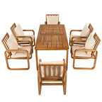 Ensemble de salle à manger d'extérieur Whisen 7 pièces en bois, ensemble de salle à manger pour terrasse, cuisine, jardin, table rectangulaire et 6 chaises avec coussins amovibles