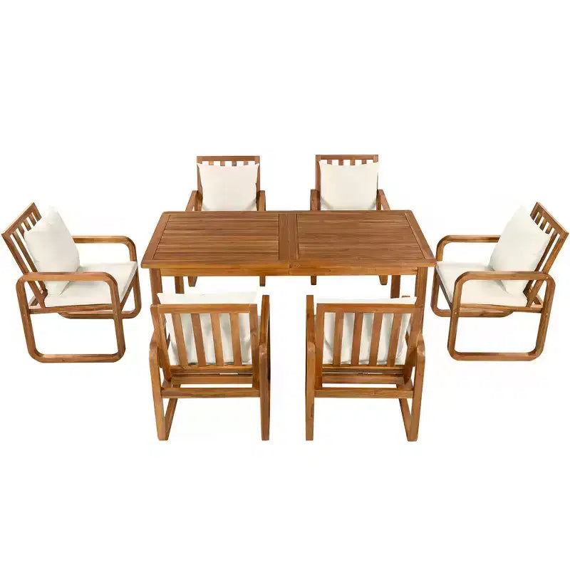 Ensemble de salle à manger d'extérieur Whisen 7 pièces en bois, ensemble de salle à manger pour terrasse, cuisine, jardin, table rectangulaire et 6 chaises avec coussins amovibles