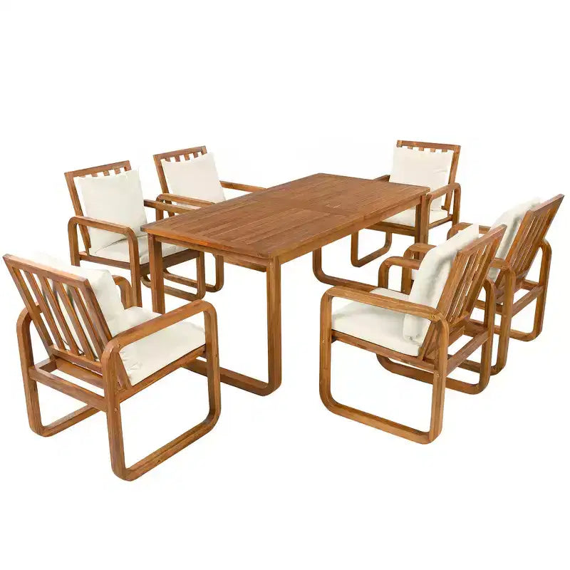 Ensemble de salle à manger d'extérieur Whisen 7 pièces en bois, ensemble de salle à manger pour terrasse, cuisine, jardin, table rectangulaire et 6 chaises avec coussins amovibles