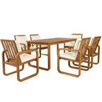 Ensemble de salle à manger d'extérieur Whisen 7 pièces en bois, ensemble de salle à manger pour terrasse, cuisine, jardin, table rectangulaire et 6 chaises avec coussins amovibles