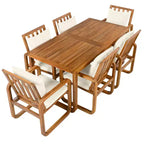 Ensemble de salle à manger d'extérieur Whisen 7 pièces en bois, ensemble de salle à manger pour terrasse, cuisine, jardin, table rectangulaire et 6 chaises avec coussins amovibles