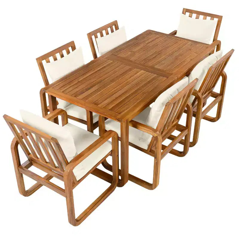 Ensemble de salle à manger d'extérieur Whisen 7 pièces en bois, ensemble de salle à manger pour terrasse, cuisine, jardin, table rectangulaire et 6 chaises avec coussins amovibles