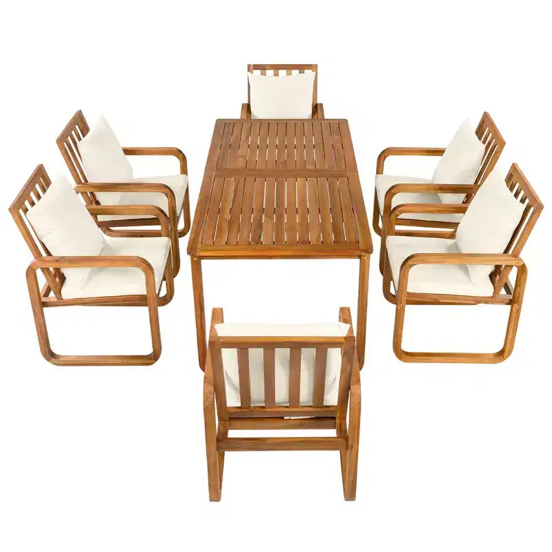 Ensemble de salle à manger d'extérieur Whisen 7 pièces en bois, ensemble de salle à manger pour terrasse, cuisine, jardin, table rectangulaire et 6 chaises avec coussins amovibles