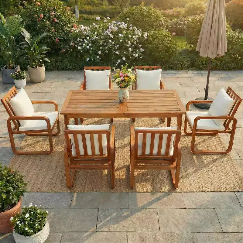 Whisen 7-Piece Outdoor Wood Dining Set, Patio Kitchen Garden Dining Seating Set, Rectangle Dining Table & 6 Chairs with Removable Cushions