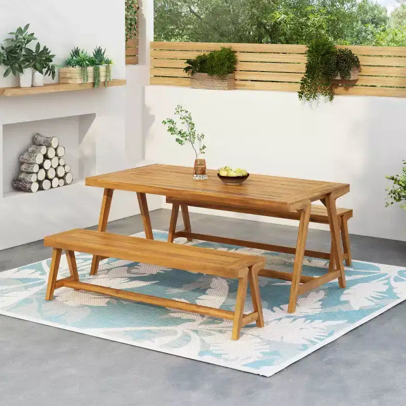 Ensemble de pique-nique extérieur 3 pièces en bois d'acacia, table rectangulaire avec 2 bancs, ensemble de salle à manger compact pour balcon, terrasse, camping-Panipeachy