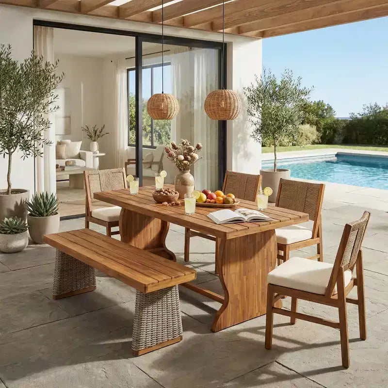 Christopher Knight Home Zola, set da pranzo moderno da 6 pezzi per patio, con sedie in acacia, schienale in vimini e tavolo a doghe