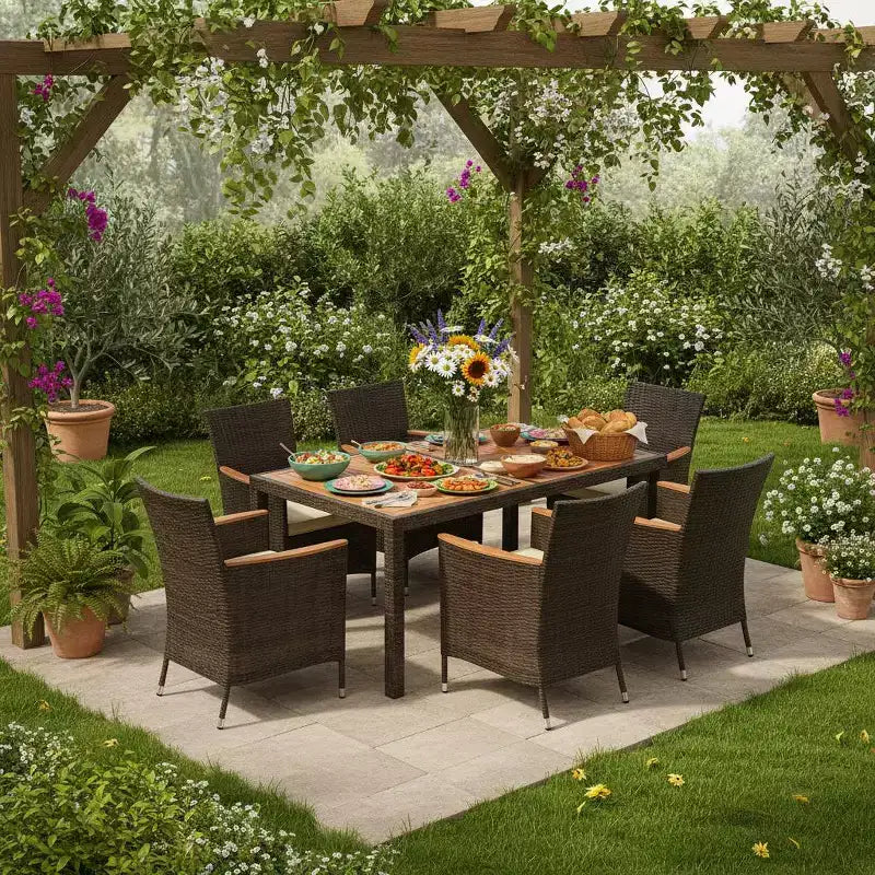 Ensemble de salle à manger Gymax 7 pièces en osier pour patio avec table à manger d'extérieur, 6 chaises empilables rembourrées, accoudoirs en bois d'acacia et trou de parasol sur le plateau
