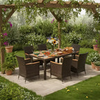 Ensemble de salle à manger Gymax 7 pièces en osier pour patio avec table à manger d'extérieur, 6 chaises empilables rembourrées, accoudoirs en bois d'acacia et trou de parasol sur le plateau