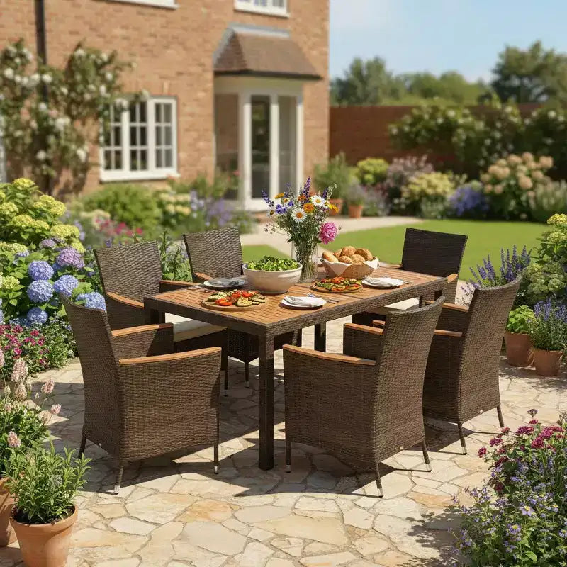 Ensemble de salle à manger Gymax 7 pièces en osier pour patio avec table à manger d'extérieur, 6 chaises empilables rembourrées, accoudoirs en bois d'acacia et trou de parasol sur le plateau