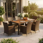 Ensemble de salle à manger Gymax 7 pièces en osier pour patio avec table à manger d'extérieur, 6 chaises empilables rembourrées, accoudoirs en bois d'acacia et trou de parasol sur le plateau