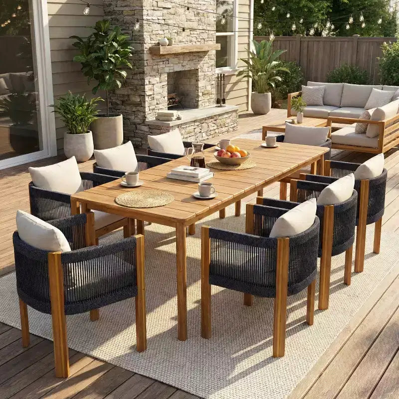 Christopher Knight Home Juan Ensemble de salle à manger moderne 9 pièces en acacia avec table à lattes et motif en corde