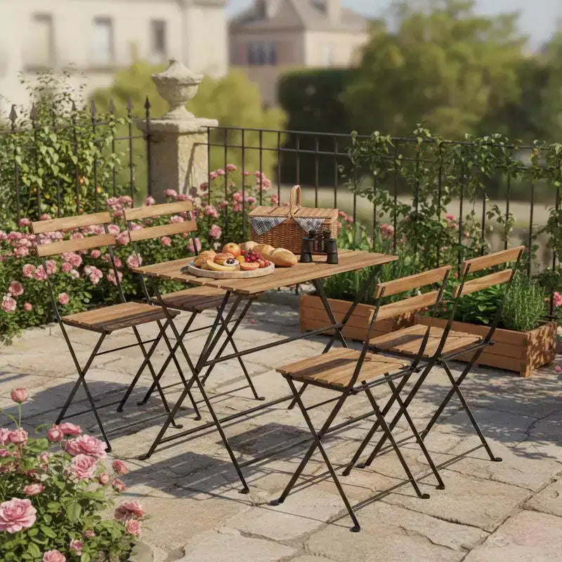 Gymax 5-Piece Patio Dining Set Acacia Wood w/ Foldable Chairs Featuring Slatted Seats & Tabletop Sturdy Metal Frames for Outdoor and Indoor