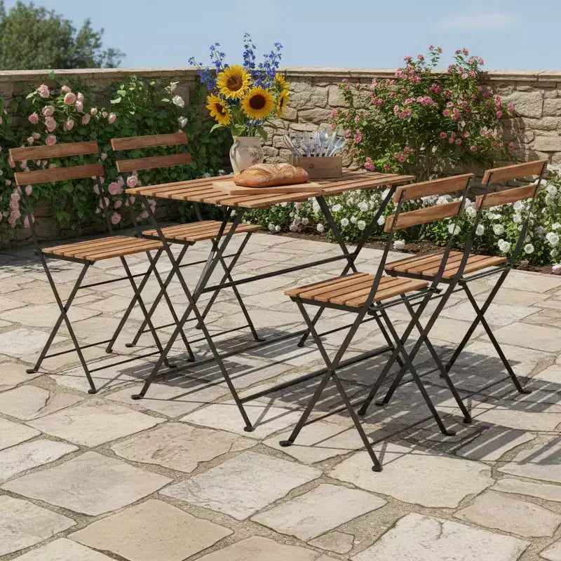 Gymax 5-Piece Patio Dining Set Acacia Wood w/ Foldable Chairs Featuring Slatted Seats & Tabletop Sturdy Metal Frames for Outdoor and Indoor