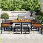 GDFStudio Donald Patio 9-Piece Acacia Wood Dining Set with Square Table, 4 Cushioned Chairs and 4 Stools