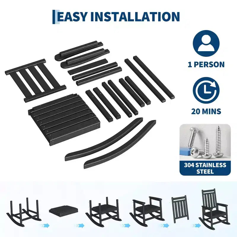 Ensemble de 2 chaises à bascule d'extérieur en PEHD avec table d'appoint - Chaises à bascule hautes en polyéthylène pour adultes - Mobilier de patio résistant à toutes les intempéries