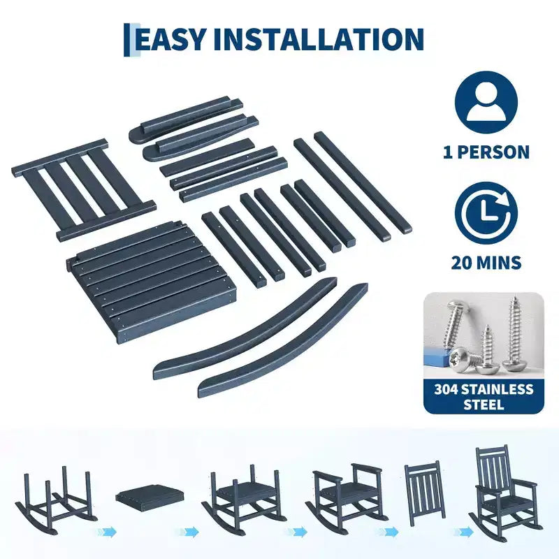 Ensemble de 2 chaises à bascule d'extérieur en PEHD avec table d'appoint - Chaises à bascule hautes en polyéthylène pour adultes - Mobilier de patio résistant à toutes les intempéries