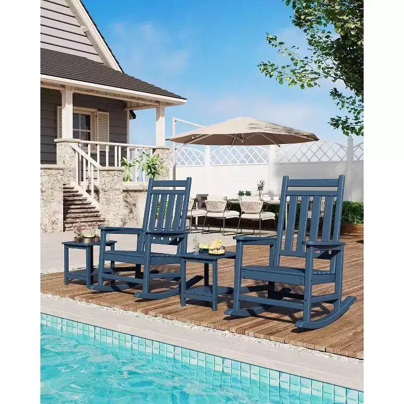 Ensemble de 2 chaises à bascule d'extérieur en PEHD avec table d'appoint - Chaises à bascule hautes en polyéthylène pour adultes - Mobilier de patio résistant à toutes les intempéries