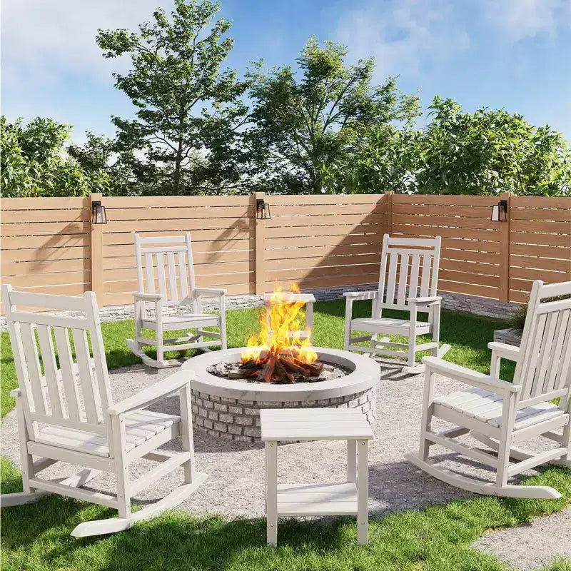 Ensemble de 2 chaises à bascule d'extérieur en PEHD avec table d'appoint - Chaises à bascule hautes en polyéthylène pour adultes - Mobilier de patio résistant à toutes les intempéries