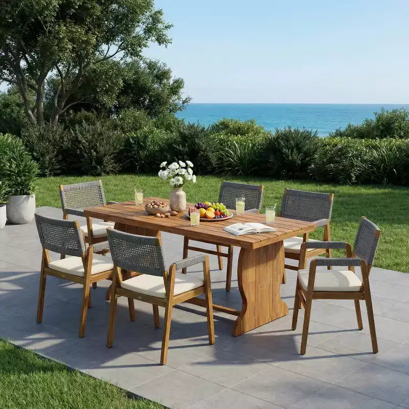 Ensemble de salle à manger moderne 7 pièces Christopher Knight Home Andika en bois d'acacia avec dossier en corde et table à lattes