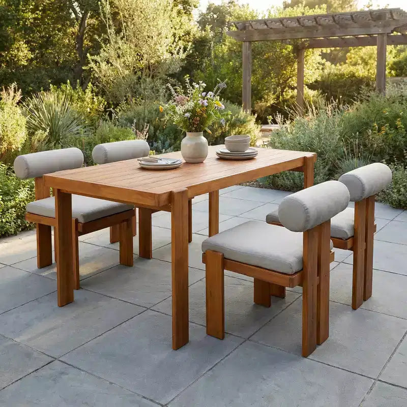 Christopher Knight Home Javier Ensemble de salle à manger moderne 5 pièces pour terrasse en acacia, rembourré, avec dossier rond et table à lattes