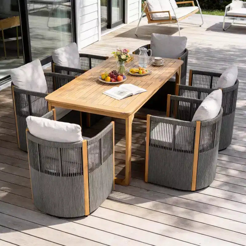 Christopher Knight Home Harrison, ensemble de salle à manger extérieur moderne 7 pièces en bois d'acacia avec 6 chaises pivotantes en corde tressée