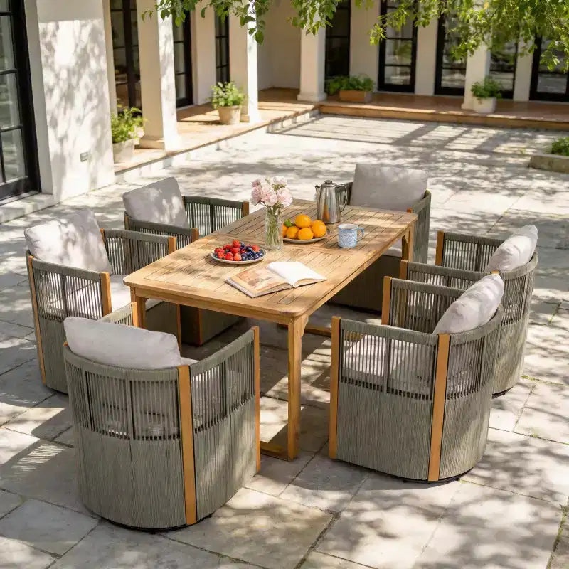 Christopher Knight Home Harrison, ensemble de salle à manger extérieur moderne 7 pièces en bois d'acacia avec 6 chaises pivotantes en corde tressée