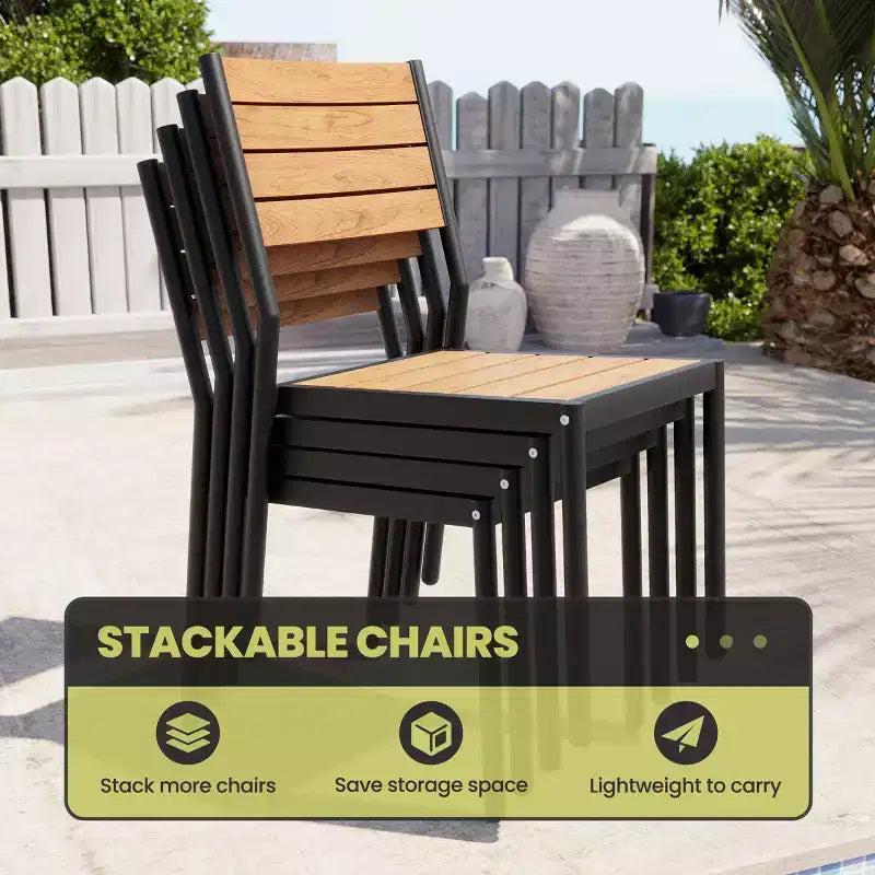Crestlive Products Ensemble repas de jardin 11 pièces pour grandes tablées, structure en aluminium, chaises empilables, table aspect bois, trou pour parasol