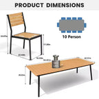 Crestlive Products Ensemble repas de jardin 11 pièces pour grandes tablées, structure en aluminium, chaises empilables, table aspect bois, trou pour parasol