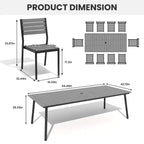 Crestlive Products Ensemble repas de jardin 11 pièces pour grandes tablées, structure en aluminium, chaises empilables, table aspect bois, trou pour parasol