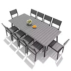 Crestlive Products Ensemble repas de jardin 11 pièces pour grandes tablées, structure en aluminium, chaises empilables, table aspect bois, trou pour parasol
