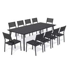 Crestlive Products Ensemble repas de jardin 11 pièces pour grandes tablées, structure en aluminium, chaises empilables, table aspect bois, trou pour parasol