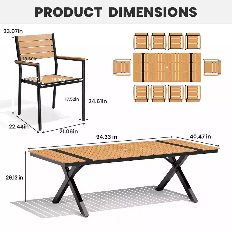 Crestlive Products Outdoor 11pcs Patio Dining Set Stackable Armchairs Wood Like Table With Umbrella Hole For Large Gatherings