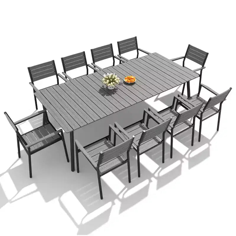 Crestlive Products Outdoor 11pcs Patio Dining Set Stackable Armchairs Wood Like Table With Umbrella Hole For Large Gatherings