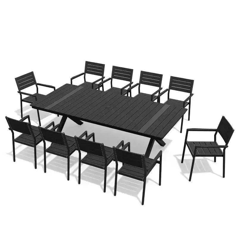 Crestlive Products Outdoor 11pcs Patio Dining Set Stackable Armchairs Wood Like Table With Umbrella Hole For Large Gatherings