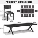 Ensemble de salle à manger d'extérieur 13 pièces extra-large, pieds en croix, chaises empilables, table aspect bois avec trou pour parasol