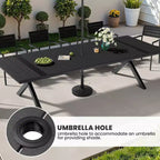 Ensemble de salle à manger d'extérieur 13 pièces extra-large, pieds en croix, chaises empilables, table aspect bois avec trou pour parasol