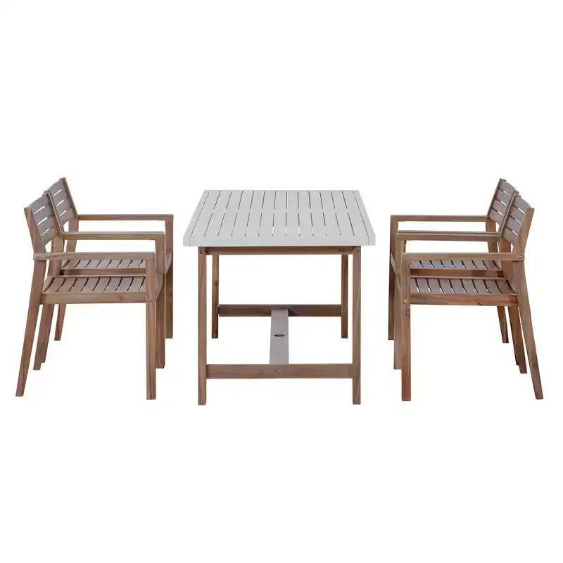 Ensemble de salle à manger d'extérieur 5 pièces Whisen avec table en bois d'acacia et 4 chaises, trou pour parasol, convient pour la pelouse, le jardin, le bord de la piscine et l'intérieur