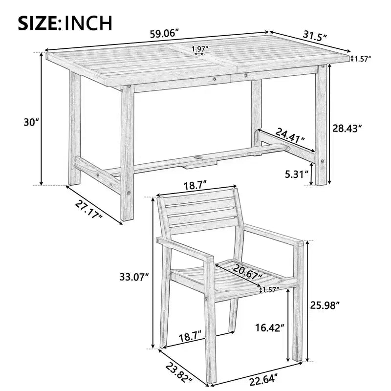 Ensemble de salle à manger d'extérieur 5 pièces Whisen avec table en bois d'acacia et 4 chaises, trou pour parasol, convient pour la pelouse, le jardin, le bord de la piscine et l'intérieur