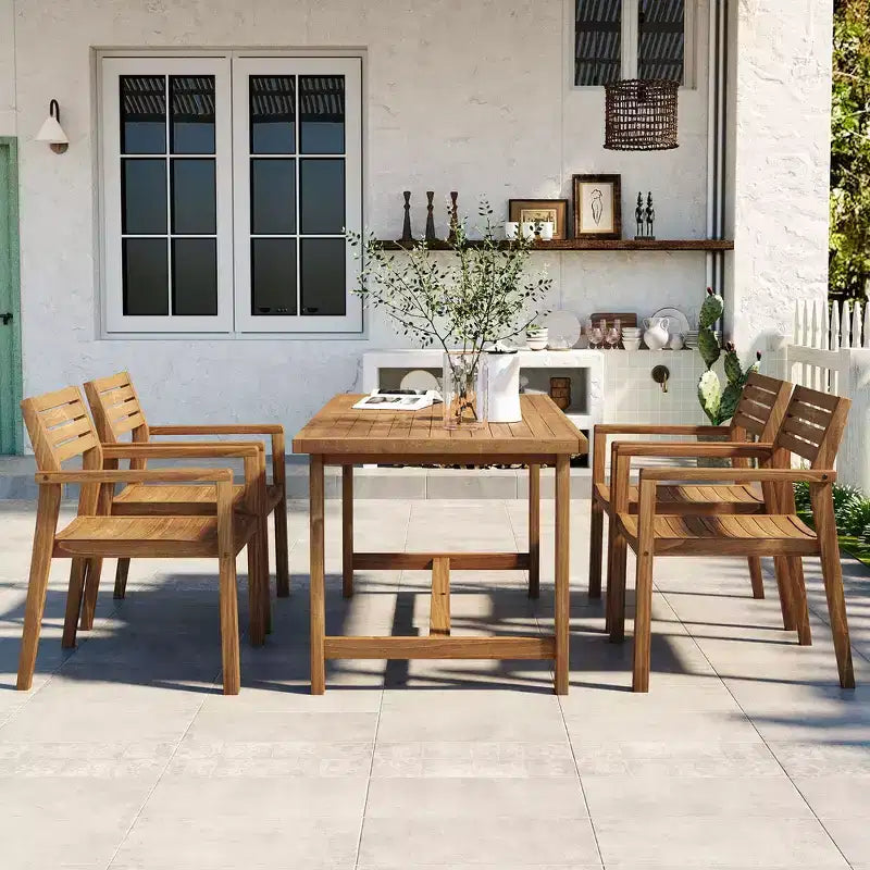 Ensemble de salle à manger d'extérieur 5 pièces Whisen avec table en bois d'acacia et 4 chaises, trou pour parasol, convient pour la pelouse, le jardin, le bord de la piscine et l'intérieur