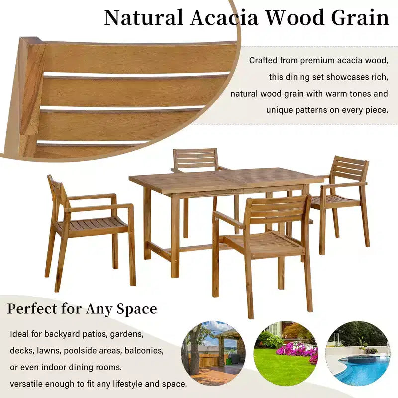Ensemble de salle à manger d'extérieur 5 pièces Whisen avec table en bois d'acacia et 4 chaises, trou pour parasol, convient pour la pelouse, le jardin, le bord de la piscine et l'intérieur