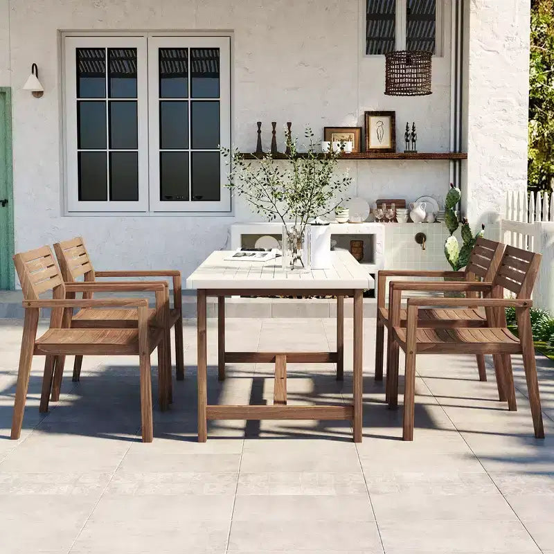 Ensemble de salle à manger d'extérieur 5 pièces Whisen avec table en bois d'acacia et 4 chaises, trou pour parasol, convient pour la pelouse, le jardin, le bord de la piscine et l'intérieur