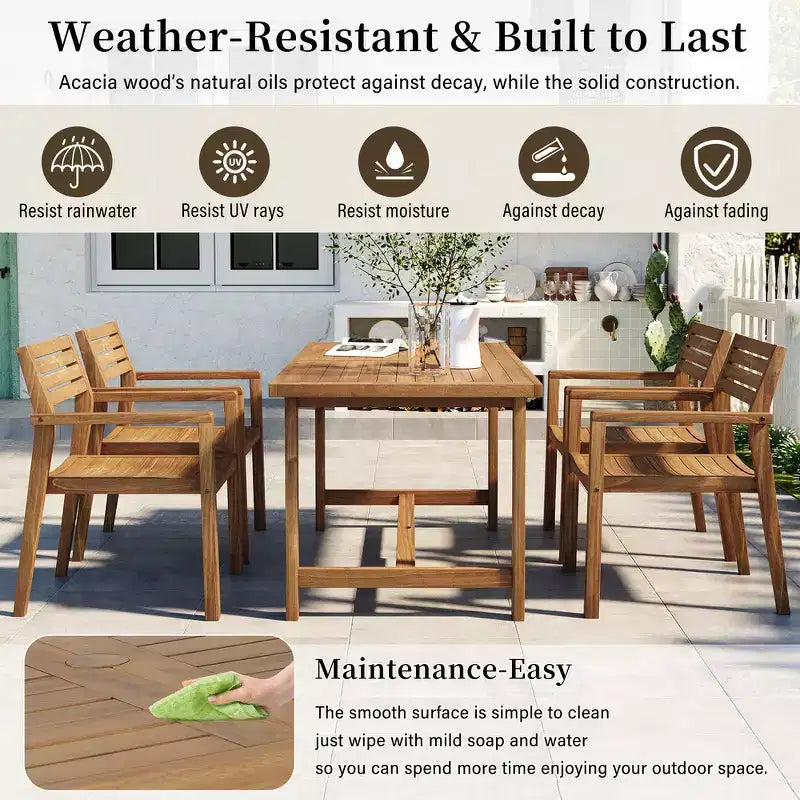 Ensemble de salle à manger d'extérieur 5 pièces Whisen avec table en bois d'acacia et 4 chaises, trou pour parasol, convient pour la pelouse, le jardin, le bord de la piscine et l'intérieur