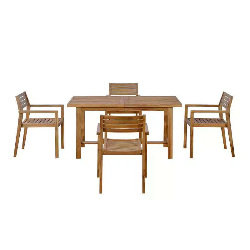 Ensemble de salle à manger d'extérieur 5 pièces Whisen avec table en bois d'acacia et 4 chaises, trou pour parasol, convient pour la pelouse, le jardin, le bord de la piscine et l'intérieur